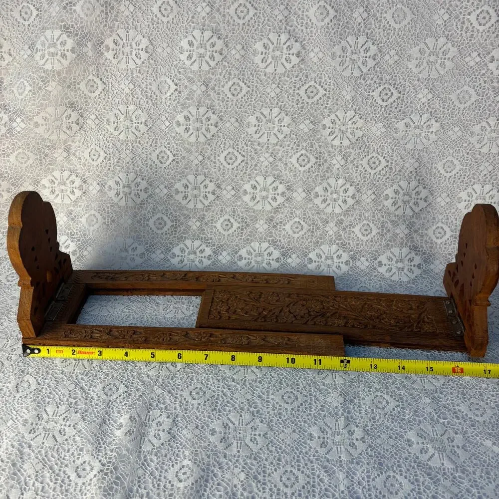 Vintage Hand Carved Wood Owl Bookends Expandable Sliding Book Rack Floral India